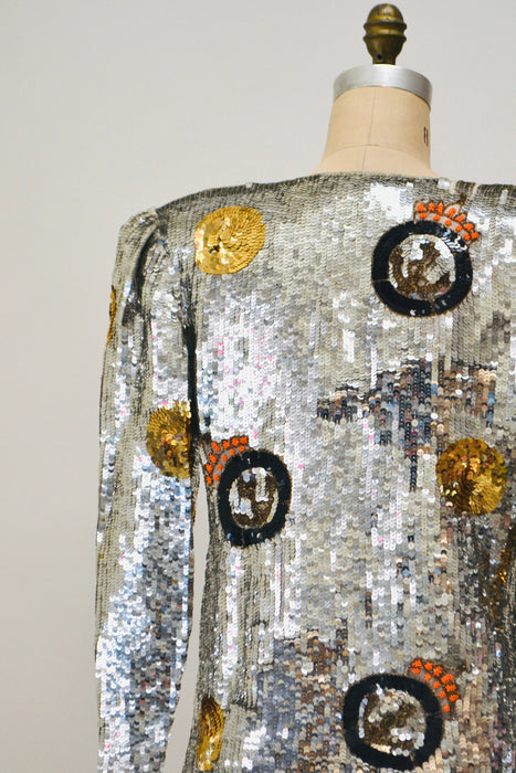80s 90s Vintage Silver Sequin Jacket// Vintage Silver Sequin Boat Party Jacket  Nautical Captain Silver Sequin Blazer French Collizioni