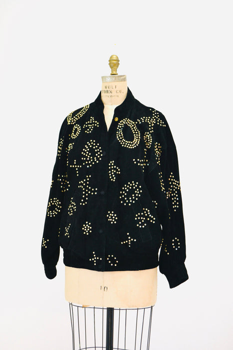 90s Vintage Black Leather Jacket Gold Studded Rhinestone Jacket By Kathrine Baumann  Black Suede 80s Glam LOVE Leather Jacket Medium Large