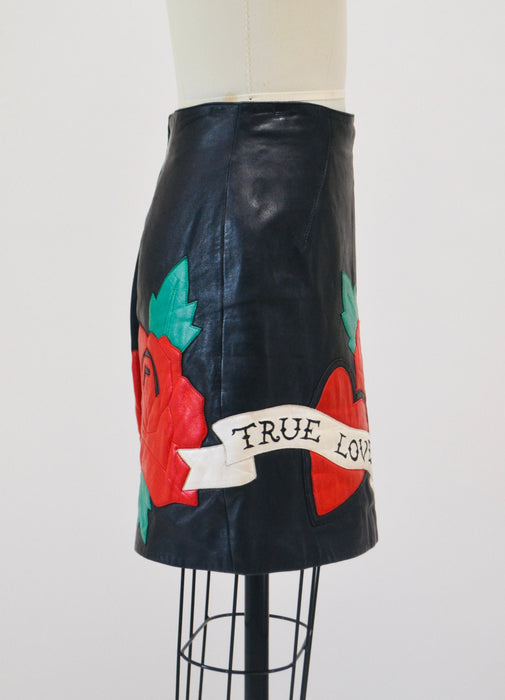 Vintage Black Leather Skirt with True Love Heart by Michael Hoban North Beach// 90s Vintage Black Leather Skirt XS Small Tattoo