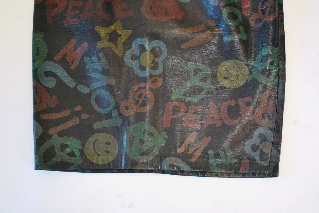 Vintage Moschino Leather Skirt Love peace Music smiley face XS Small Vintage Black Leather Skirt Painted Love Peace Music Moschino Pop art
