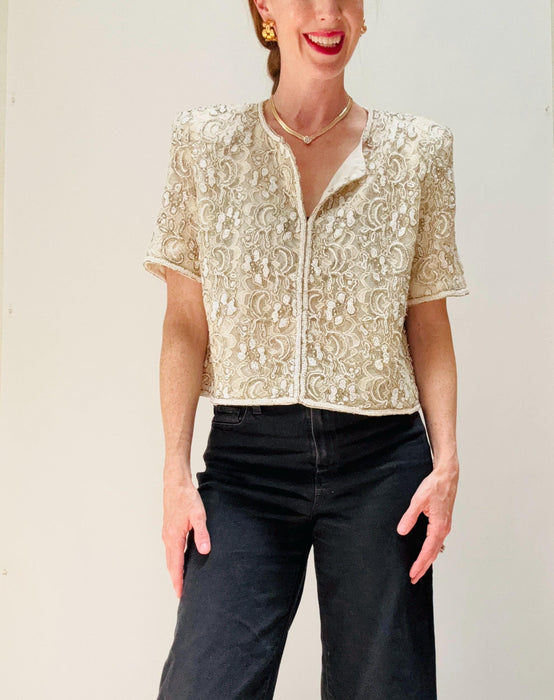 Vintage Cream White Lace Beaded Shirt Jacket Top Medium Large Cream White Lace Wedding Top Jacket// Vintage Summer Wedding Lace Jacket Large