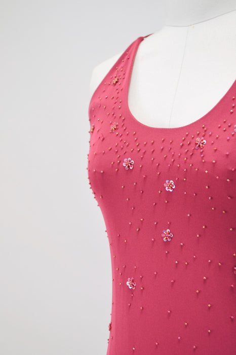 Vintage 00s Y2K Pink Tank Dress Prom Dress Beaded Pink Knit Gown Cami Dress XS Small Pink Long Beaded Dress by Laundry Evening Gown Xs Small