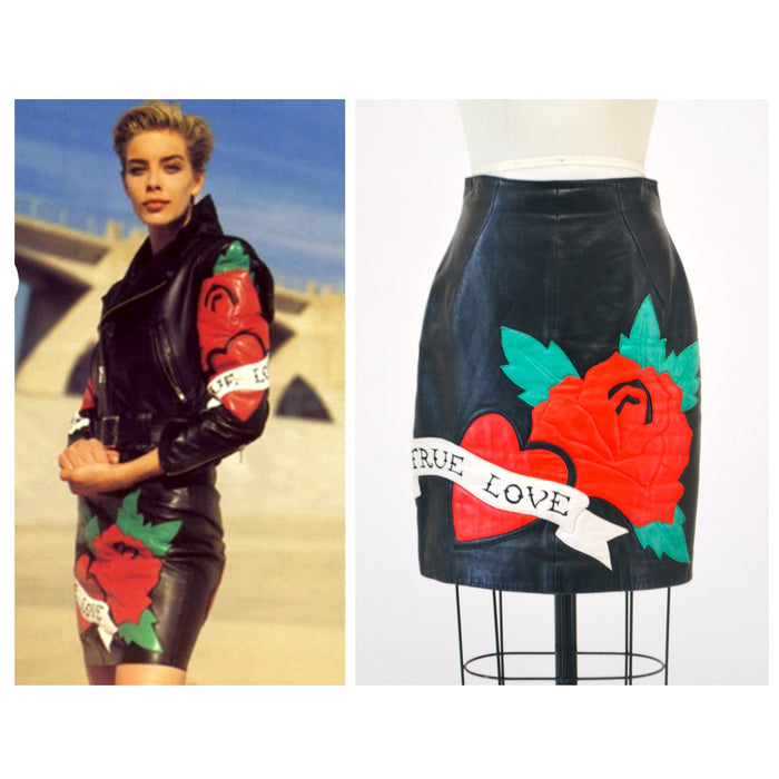 Vintage Black Leather Skirt with True Love Heart by Michael Hoban North Beach// 90s Vintage Black Leather Skirt XS Small Tattoo