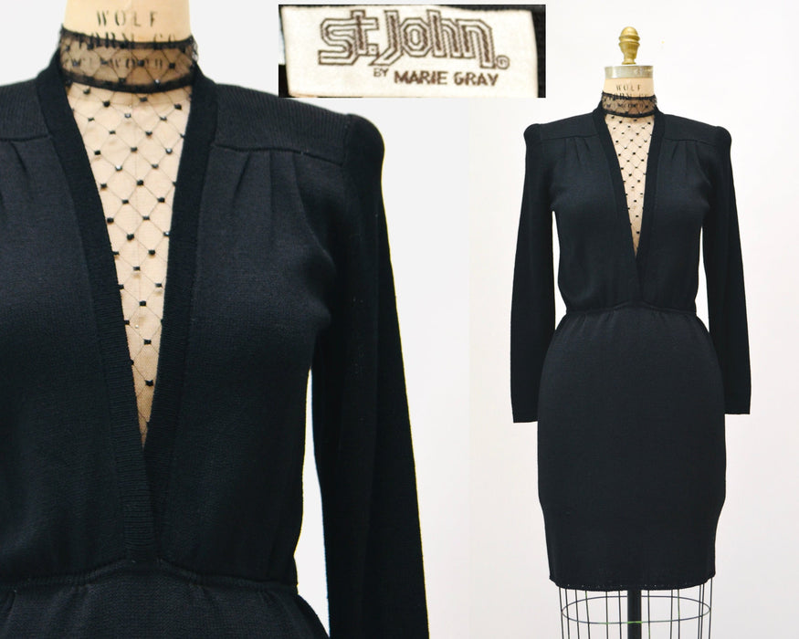 80s Vintage St John Dress Black Knit Dress By St John Rhinestone Mesh Knit Long Sleeve Dress // 80s Black Sweater Knit Party Dress XS Small