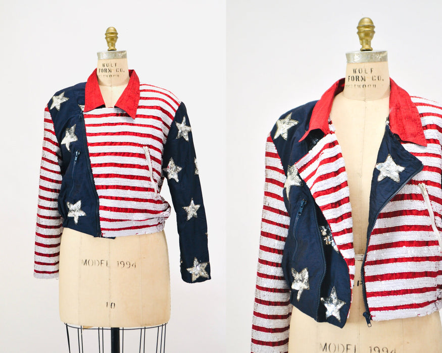 90s Vintage Sequin Jacket American Flag USA Large Modi// Vintage Sequin Moto Jacket Stars Stripes USA America Olympics Star Sequin Jacket