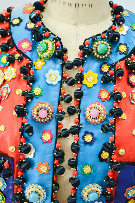 Vintage 90s Moschino Leather Jacket Gold Metallic 1991 Spring Summer Moschino Studded Leather Jacket Red Blue Green Yellow Made in ITaly