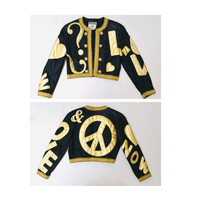 90s Vintage Moschino Peace LOVE NOW Leather Jacket Vintage Black Gold Metallic Leather Heart Jacket by Moschino Leather Medium