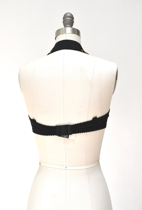 80s 90s Black Lace Bra Showgirl Beaded Fringe Halter neck Bra Crop Top Gold beaded fringe top 80s Madonna Costume top Black Lace Fringe Bra