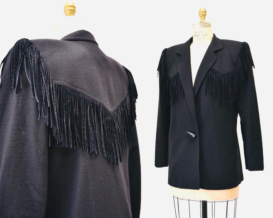 80s 90s Vintage Black Fringe Wool Jacket Blazer Medium// 80s Black Fringe Western Rockstar Black Blazer Jacket Cowgirl Criscione