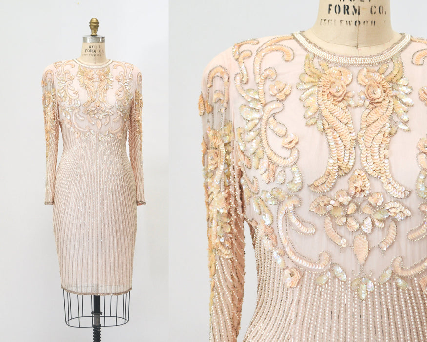 80s 90s Vintage Pink Peach Beaded Sequin Dress Small Medium // 80s 90s Glam Vintage Metallic Sequin Pink Cocktail Wedding Party Dress