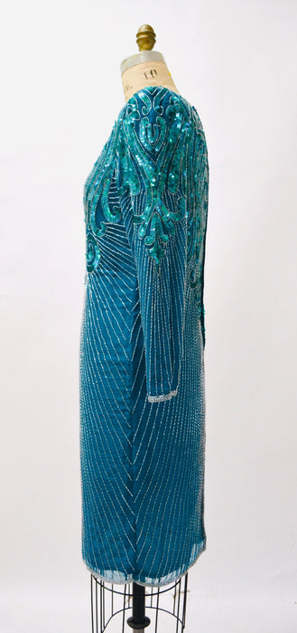 80s 90s Vintage  Blue Green Sequin Beaded Dress Flapper Inspired Cocktail  Dress Small in Teal Blue Long Sleeve 80s 90s Party Pageant Dress