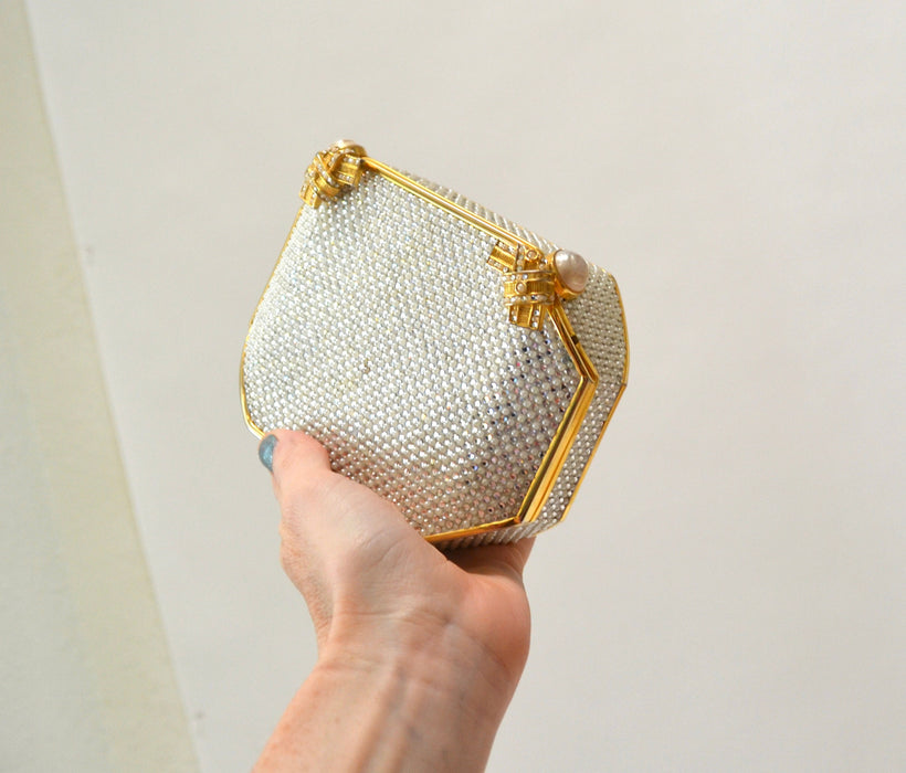 Vintage Judith Leiber Evening Bag Swarovski Crystal Minaudiere Gold Clutch Pearl Crystals Silver Gold Metal Clutch Bag wedding Purse
