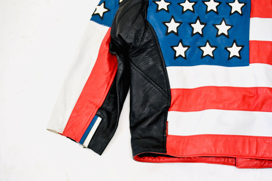Mens Vintage Black Leather Motorcycle Jacket USA American Flag LA ROXX// Vintage Mens Leather Jacket Biker America Jacket L.A. Roxx