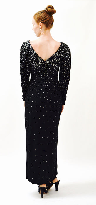 80s Vintage Black Evening Gown With Rhinestones Long Sleeves Medium Large by Rose Taft// Vintage Black Dress Metallic Pageant Dress Gown