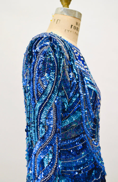 Vintage 80s 90s Blue Metallic Sequin Shirt Small Medium Blue silver Metallic// Vintage 80s Glam Sequin Shirt Long Sleeve blue Sequin Top