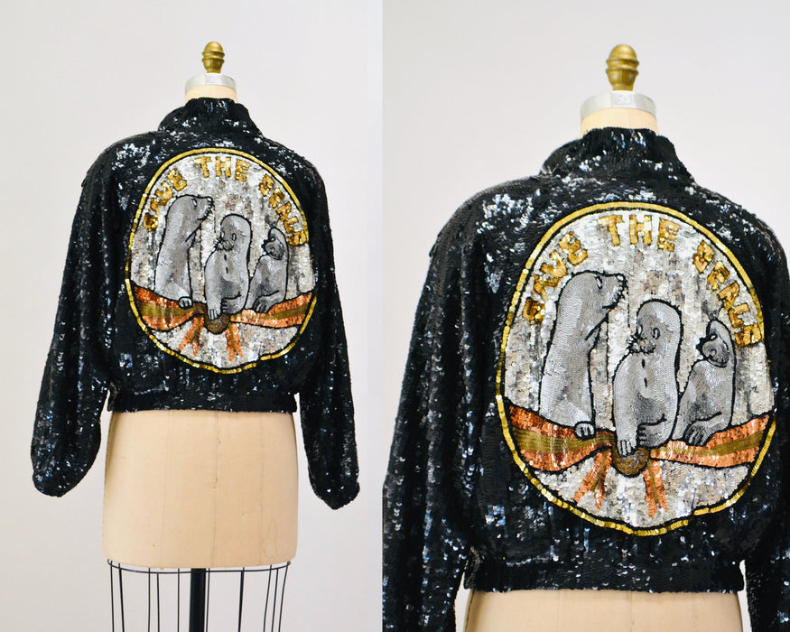 Vintage Sequin Jacket by Modi Seal Save The Earth Day Sustainable Fashion // 80s Glam Vintage Black Sequin Jacket Animal Lover Jacket
