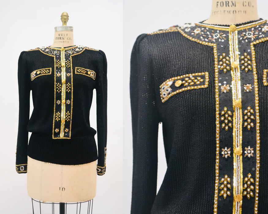 80s 90s Glam Vintage Black Gold Beaded Sequin Sweater Small Medium By Elizabeth New York Black Gold Metallic Beaded Sequin Pull Over Jumper