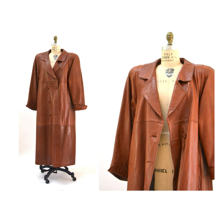 Vintage Brown Leather Jacket Trench Coat Long Leather Jacket Coat Medium Large// 80s 90s Brown Leather Jacket Coat Long Brown Leather jacket