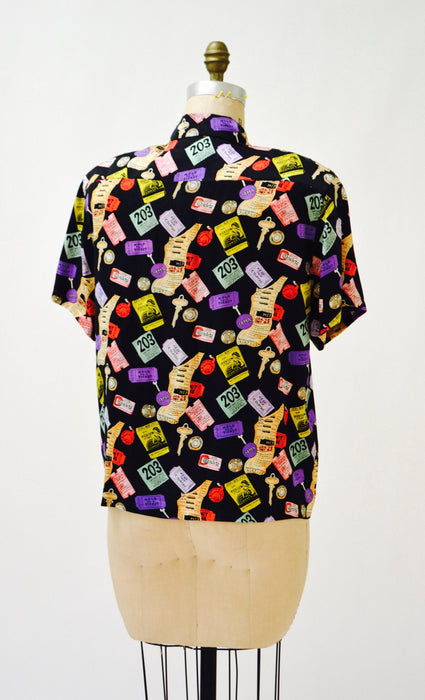 90s Vintage NYC Shirt Nicole Miller Silk Shirt New York CITY Tickets Pop Art Bottom of Your Purse Print Medium// Vintage NYC Silk Shirt