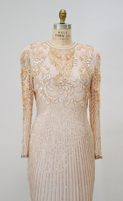 80s 90s Vintage Pink Peach Beaded Sequin Dress Small Medium // 80s 90s Glam Vintage Metallic Sequin Pink Cocktail Wedding Party Dress