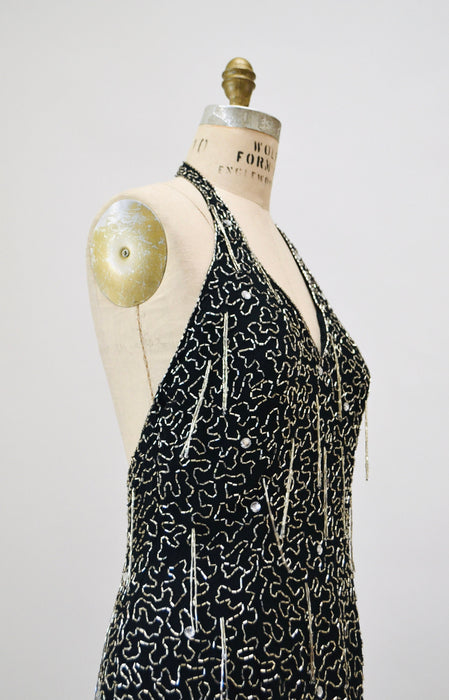 90s Vintage Black Silver Beaded Fringe Showgirl Dress Medium // 90s Black Silver Beaded Halter Dress Party Fringe Flapper Dress Nite line