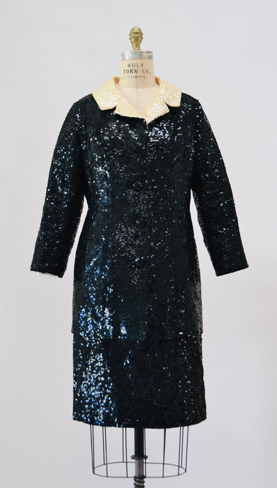 50s 60s Vintage Black Sequin Dress and Jacket Small Medium 1950s 60s Wedding Cocktail Sequin Dress Jacket Suit Miss Ruth Cream Sequin Collar