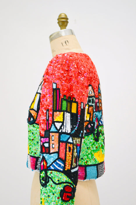 90s Vintage Jeanette Kastenberg Platinum Sequin Picasso Romero Britto Brazilian Miami Cubism Inspired Red Sequin Beaded Jacket Medium