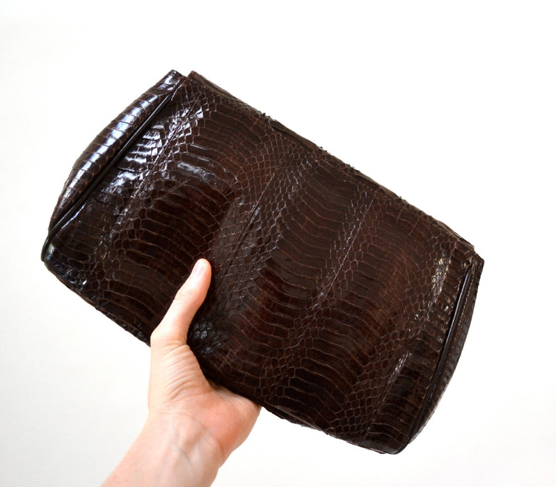 70s 80s Vintage Brown Leather Clutch Snakeskin Python// Brown Patent Leather Snake Skin Bag Purse by Timothys Collection
