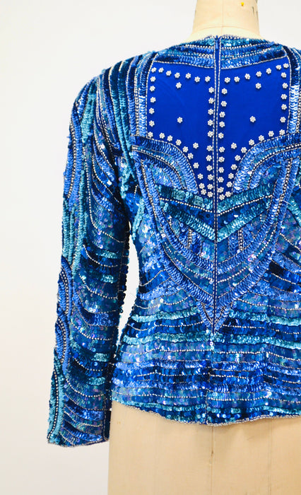 Vintage 80s 90s Blue Metallic Sequin Shirt Small Medium Blue silver Metallic// Vintage 80s Glam Sequin Shirt Long Sleeve blue Sequin Top