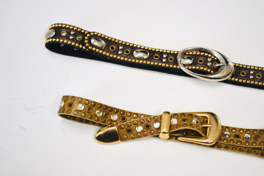 90s 2000s Vintage Gold Rhinestone Belt Brown Leather Gold Rhinestone Belt Small 29" Rhinestone Studded leather Belt