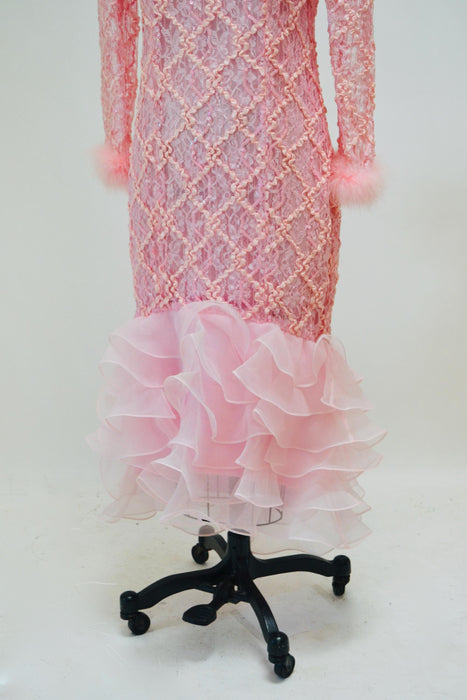 80s Vintage Pink Sequin Feather Dress Gown Pat Richards Medium// 80s 90s Vintage Pink Prom Barbie Bridesmaid Party Dress Gown Pink Princess