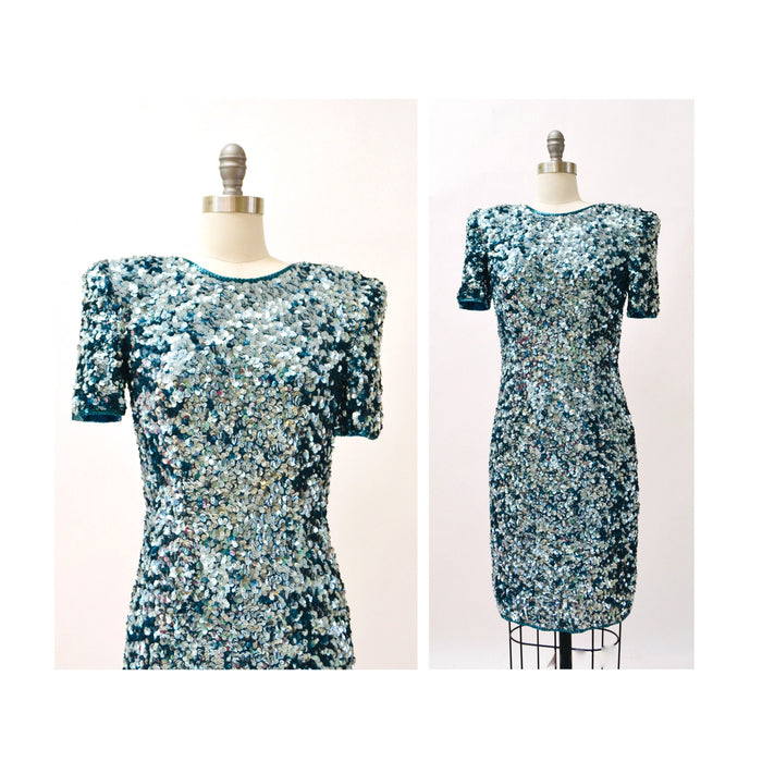 80s 90s Glam Vintage Blue Sequin Dress Size Small Blue Metallic Sequin 80s 90s Prom Party Dress// 80s Vintage Blue Trophy Pageant Dress