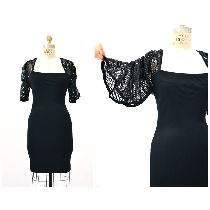 70s 80s Vintage Black Sequin Dress Gerald Franklin Small Medium// 70s 80s Black Sequin Dress Black Knit 70s Disco Cocktail Body Con Dress
