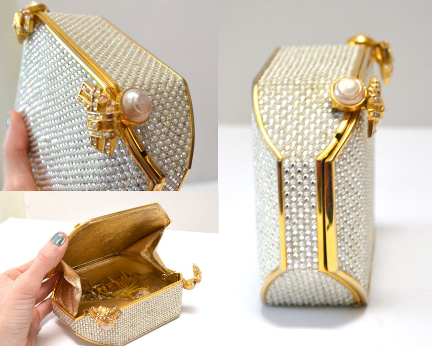 Vintage Judith Leiber Evening Bag Swarovski Crystal Minaudiere Gold Clutch Pearl Crystals Silver Gold Metal Clutch Bag wedding Purse