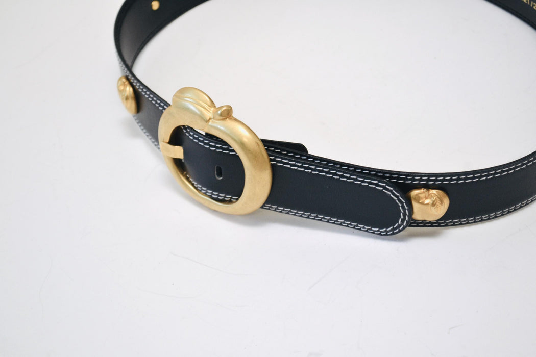 80s 90s Vintage ESCADA Apple Belt Gold Metallic Navy Blue Leather Belt size 40 Medium Large 80s Glam Navy Gold Belt Apple Fruit Teacher