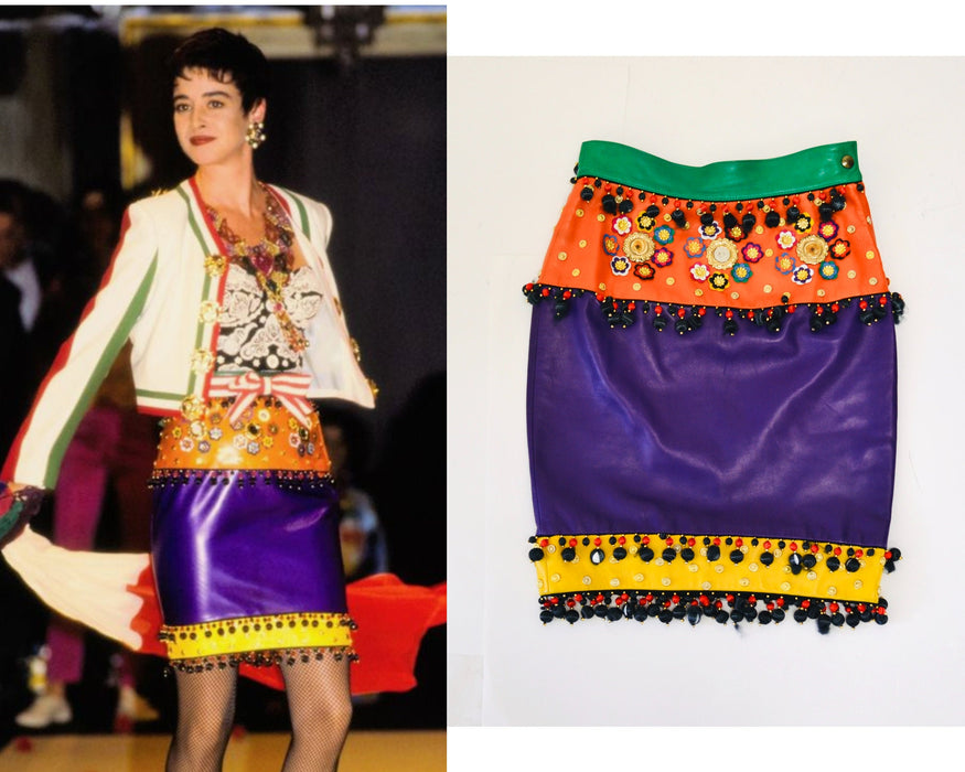 vintage 90s Moschino Rainbow Leather SKIRT 1991 Spring Summer Moschino Studded Flower Leather Skirt Red Blue Green Yellow Made in ITaly