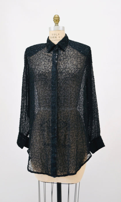90s Vintage Black Silk Chiffon Beaded Shirt Button Down Black Sheer Silk Top Size Medium Lillie Rubin Sheer Black Long Sleeve Shirt