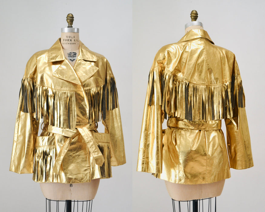 80s 90s Amazing Vintage Gold Fringe Leather Biker Jacket Gold Cowgirl Western Jacket Medium Large// Metallic Gold Leather Moto Jacket Rodeo