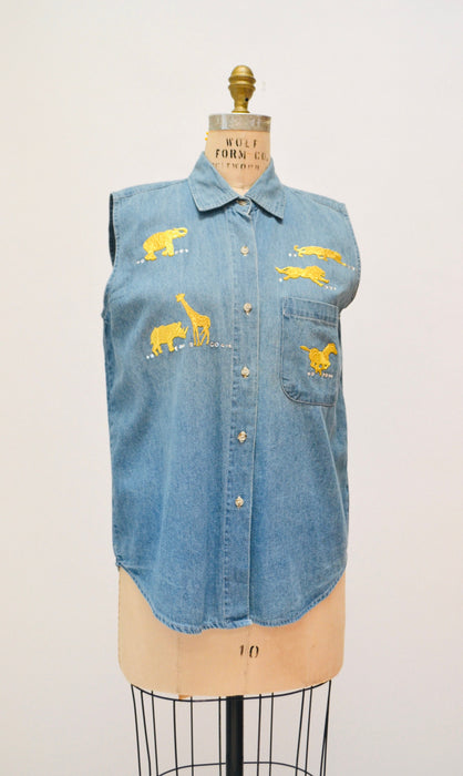80s 90s Vintage Denim Tank Top Gold Animal Patches and Rhinestones Size Small Medium Metallic Denim Jean Denim Shirt Top 80s 90s Glam