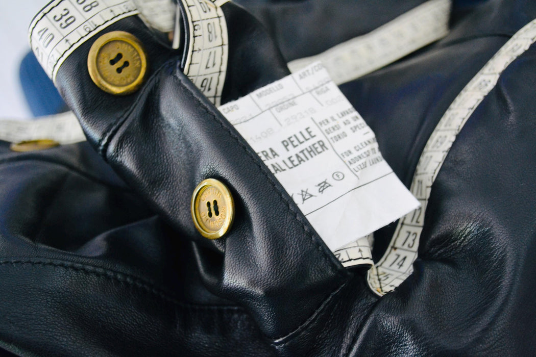 90s Vintage Black Leather Jacket by Moschino Leather Small Made in Italy// 90s Black Leather Jacket Tape Measure Trim Designer Seamstress