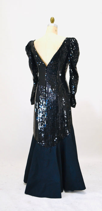 80s 90s Black Vintage Sequin Dress Evening Gown Medium// 80s Pageant Dress Black Sequin Ball Gown Dress Long Sleeve Conservative Nadine