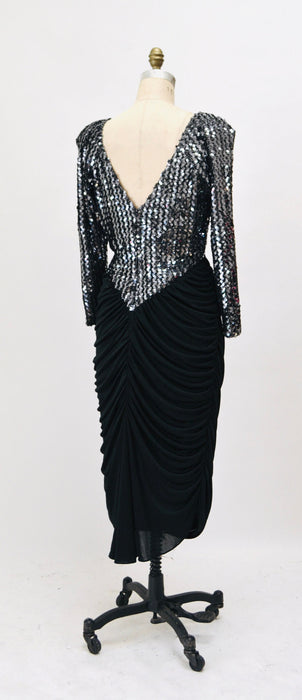 70s 80s Vintage Black Stretch Disco Sequin Dress Medium// 70s 80s Black Metallic Sequin Sexy Knit Dress 70s Disco Party Body Con Dress
