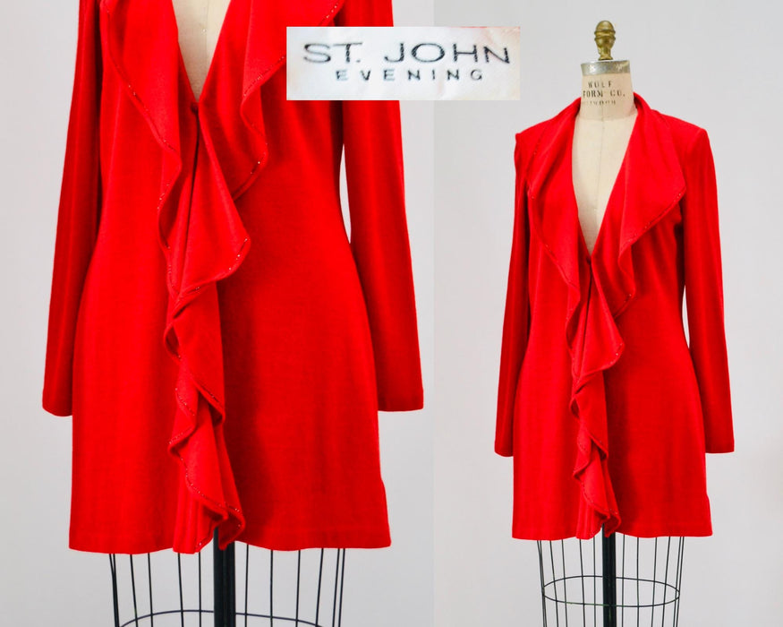 Vintage St John Dress Red Metallic Knit Ruffle Cardigan Sweater St John// Red Metallic Party Dress Sweater Cardigan Medium Large St John