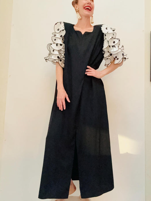 80s 90s Victor Costa Hostess Dress With Polka Dot Ruffle Sleeves// Vintage  Black Maxi Long House Dress Black White Polka Dot Medium Large
