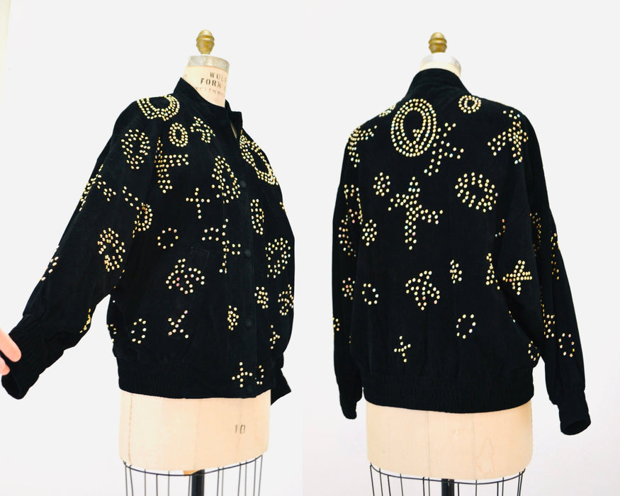 90s Vintage Black Leather Jacket Gold Studded Rhinestone Jacket By Kathrine Baumann  Black Suede 80s Glam LOVE Leather Jacket Medium Large