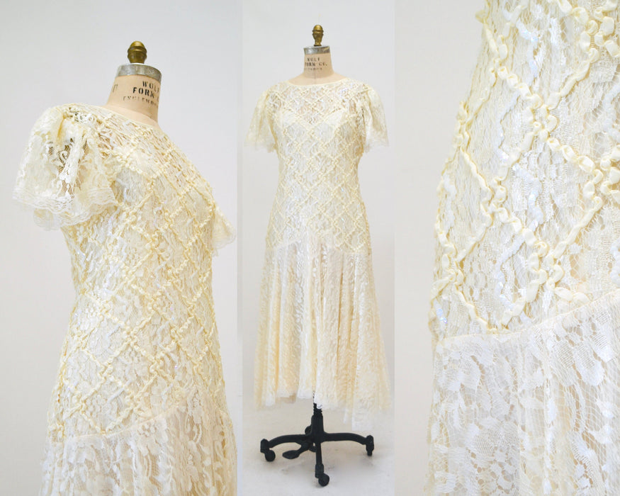80s does 20s Vintage Lace Sequin Dress Medium Cream Off White// Vintage Sequin Lace Wedding Dress Boho Flapper Inspired Cream Lace Dress