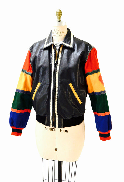 Vintage Moschino Leather Jacket Black Love Peace Heart Red and Black Navy Moschino Jeans ITaly Pop Art Rainbow Gay Pride Leather Jacket