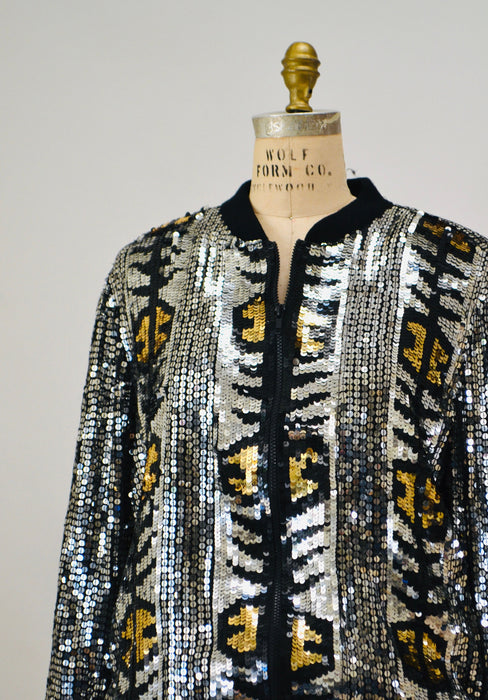 Vintage 80s 90s Silver Sequin Party Bomber Jacket Metallic Jacket Medium large// Vintage 80s 90s Party Metallic Silver Gold Sequin Jacket