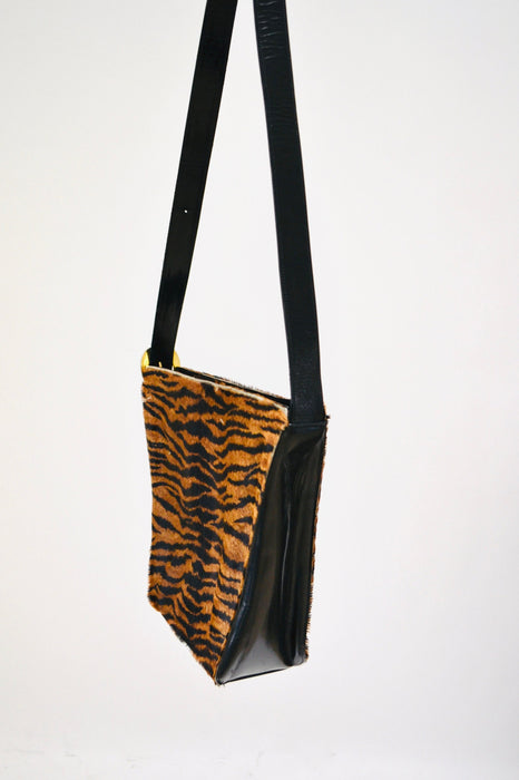 90s Vintage Tiger Stripe Pony Hair Leather Purse Black brown Zebra Stripe Leather Handbag Charles Jourdan Medium Purse Made in France