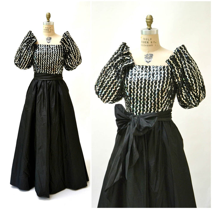 Vintage 80s Prom Dress XS Small Black Silver Sequin Evening Ball Gown// Vintage Silver Sequin Dress Small Princess Dress